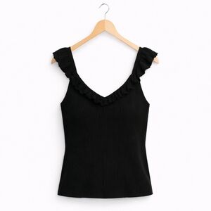 Gap Black Ribbed Knit Ruffled Vneck Top Sz Lg